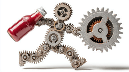 A man is running with a bottle of juice in his hand. The image is a creative representation of a machine with gears and a bottle of juiceの素材