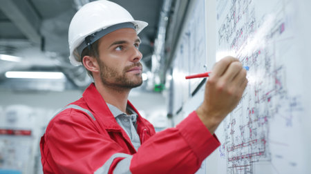 A construction engineer in a red jacket and hard hat evaluates technical drawings on a whiteboard, focusing intently in a bustling site filled with construction materials.の素材