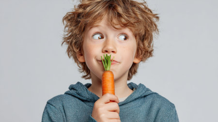 A young boy is holding a carrot in his mouth. He is looking at the camera with a smile on his face. Concept of playfulness and curiosity, as the boy seems to be enjoying his snackの素材