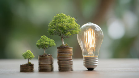 A tree is growing on top of a stack of coins and a light bulb. Concept of growth and progress, as the tree represents the future and the coinsの素材