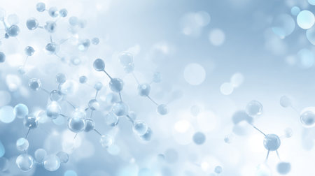 A variety of small molecular structures float in a blurred blue background, representing a scientific study of chemistry and molecular interactions in a serene environment.の素材