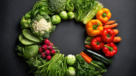 A colorful arrangement of vegetables in a circle. The vegetables include broccoli, cauliflower, carrots, and peppers. Concept of freshness and health, as well as the idea of a balancedの素材