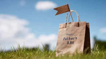 A bag with a blue ribbon on it that says Happy Father's Day. The bag is sitting on a grassy fieldの素材