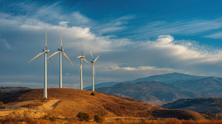 Four wind turbines rise over rolling hills, capturing the gentle breeze under a clear blue sky with soft clouds. The sun sets, casting warm light over the landscape.の素材