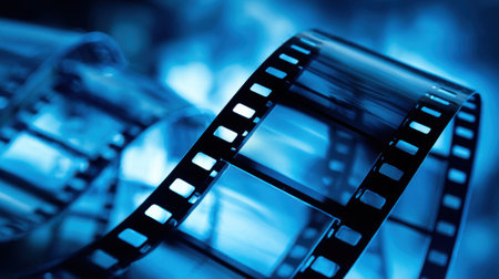 A film strip twists gracefully against a backdrop of vibrant blue light. The delicate details highlight the textures and edges of the film, celebrating the medium's artistry.の素材