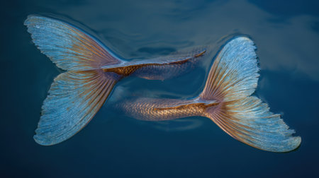 Two shimmering fish tails emerge above the serene blue water as they swim gracefully. The scene captures the tranquil beauty of aquatic life in nature's embrace on a calm day.の素材