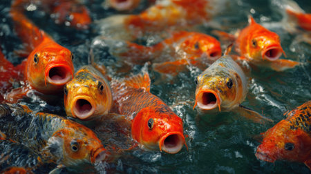 Bright orange and white koi fish are swimming in a clear pond. The lively creatures are interacting with each other as sunlight sparkles on the water surface, creating a tranquil atmosphere.の素材