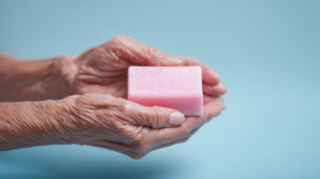 A woman is holding a pink bar of soap in her hands. The soap is pink and has a rectangular shapeの素材