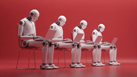 A group of robots are sitting in chairs and using laptops. The robots are all facing the same direction and appear to be working together. Concept of teamwork and collaborationの素材