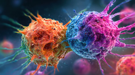 Two colorful blobs of a virus are floating in the air. The blobs are orange and purpleの素材