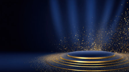 A stunning stage setup featuring layers of golden rings surrounded by shimmering light beams and sparkling particles creates an enchanting atmosphere perfect for a nighttime event.の素材