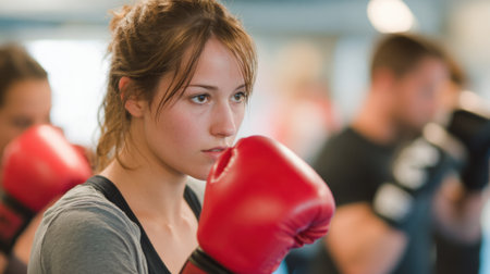A woman wearing a red boxing glove is looking at the camera. She is the only person in the imageの素材