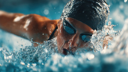 A woman swims in a pool wearing goggles. The water is blue and the woman is in the middle of a strokeの素材