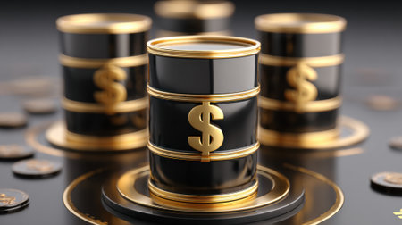 Three black barrels with gold accents and a dollar sign on top. The barrels are surrounded by coinsの素材