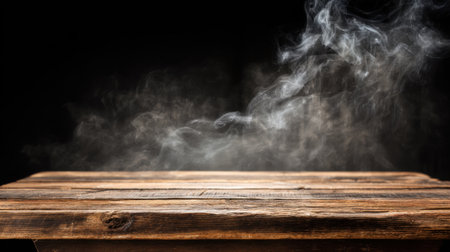 A wooden table sits in a dim environment, with steam gently rising above its surface, creating a serene and atmospheric feel. This captures a quiet moment of tranquility.の素材
