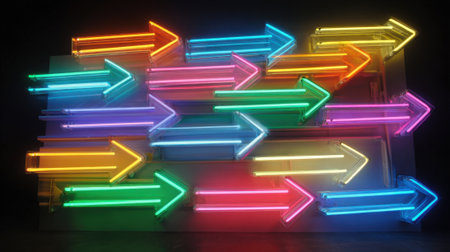A neon sign with many colorful arrows pointing in different directions. The sign is bright and colorful, giving off a fun and energetic vibeの素材