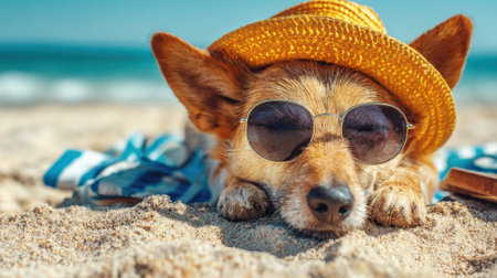 A cute dog lounges on the warm sand wearing sunglasses and a straw hat. It enjoys a sunny day at the beach, surrounded by beach towels and a relaxed atmosphere.の素材