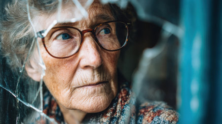 A woman with glasses looking out a window with a broken pane. The woman is looking out the window with a sense of longing or sadnessの素材