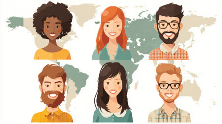 A group of people with different hair colors and facial features are smiling and are located all over the worldの素材