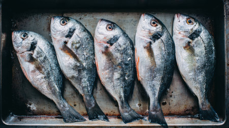 A collection of freshly caught fish, arranged neatly on a metal tray, ready to be cleaned and cooked. The coastal kitchen atmosphere suggests recent fishing activities.の素材