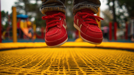 A child wearing red shoes is jumping on a yellow trampoline. Concept of fun and playfulness, as the child is enjoying their time on the trampolineの素材
