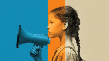 A girl is holding a megaphone and looking at the camera. The megaphone is blue and orange. The girl is wearing a yellow shirt. The image is meant to convey the idea of speaking up and being heardの素材