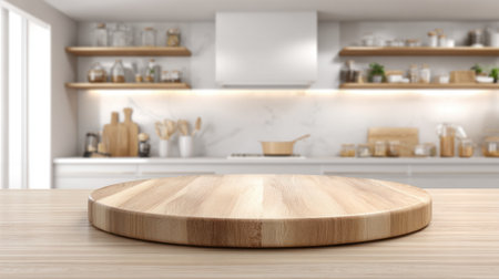 A spacious, contemporary kitchen showcases a polished wooden countertop, neatly arranged shelves, and warm lighting. The atmosphere is inviting, perfect for cooking and entertaining.の素材