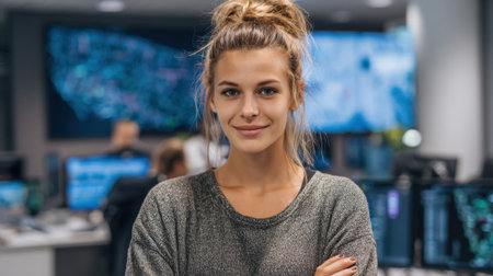 A woman with a ponytail is smiling at the camera in front of a wall of monitors. The scene is likely a work environment, with the woman possibly being an employee or a studentの素材