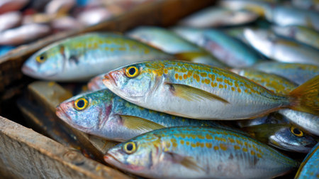 Colorful fish arranged in a wooden crate can be seen at a lively market. The early morning light highlights the vibrant hues of the fish as vendors attract customers.の素材