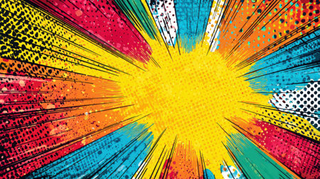 Bright and colorful explosion graphic features a burst of yellow at the center surrounded by red, blue, and orange rays. The design evokes a sense of energy and excitement.の素材