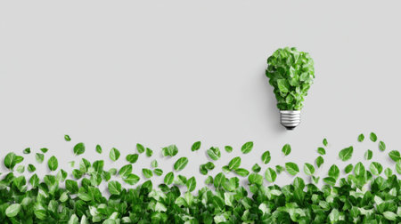 A unique light bulb designed with green leaves emerges from a scattering of smaller leaves on a neutral backdrop, symbolizing sustainability and environmental awareness.の素材