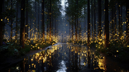 A forest with a path lit up by fireflies. The fireflies are scattered throughout the forest, creating a magical and serene atmosphereの素材