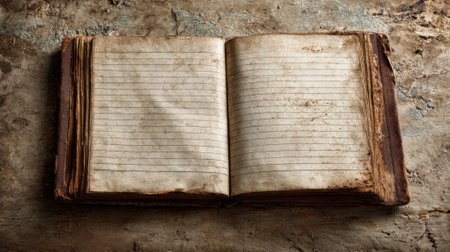 An old book with a blank page is open on a table. The book is old and worn, with a faded cover and yellowed pages. The blank page invites the reader to fill it with their thoughts and ideasの素材