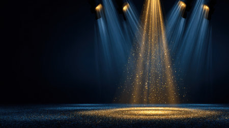 Bright beams of golden and blue light pierce through the darkness, creating a captivating atmosphere. The shimmering effect adds drama, perfect for a live performance setting.の素材