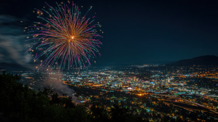 A fireworks display lights up the night sky over a city. The fireworks are bright and colorful, creating a festive atmosphere. The city below is illuminated by the fireworksの素材