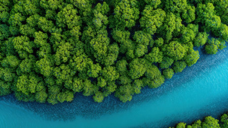 A lush green forest with a blue river running through it. The trees are tall and dense, creating a sense of depth and tranquility. The blue water of the river adds a calming effect to the sceneの素材