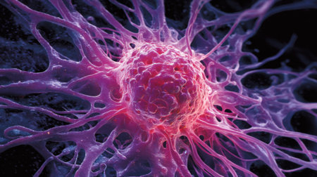 A pink blob with purple strands coming out of it. It looks like a cancerous growth. The image is dark and moodyの素材