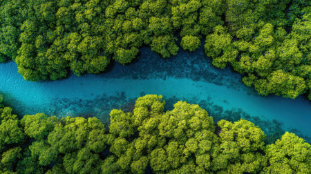 A lush green forest with a blue river running through it. The water is calm and clear, and the trees are tall and dense. The scene is peaceful and sereneの素材