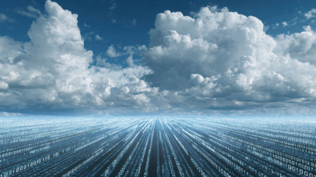 A blue sky with a few clouds and a large city in the distance. The city is made up of many small squares, each with a numberの素材