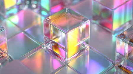 Reflections from glass cubes scatter light in a spectrum of colors across a smooth surface, showcasing artistic design in a contemporary space during daylight hours.の素材