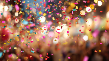 Colorful confetti fills the air during a lively celebration as joyful participants raise their hands in excitement, surrounded by bright lights and decorations.の素材