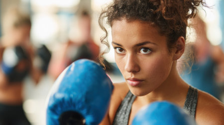 A woman wearing a blue boxing glove is standing in a boxing ring. She is looking at the camera with a determined expressionの素材