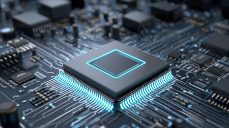 A close-up view of a microchip situated on a circuit board displaying advanced circuitry and various electronic components. This setup highlights modern technological designs.の素材