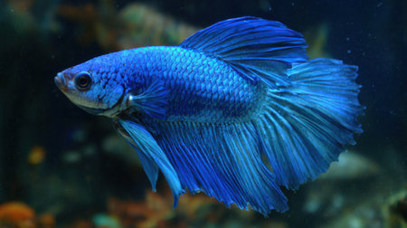 A striking blue betta fish glides through a vibrant aquarium filled with aquatic plants and colorful pebbles. Its fins fan out beautifully as it explores the underwater landscape.の素材
