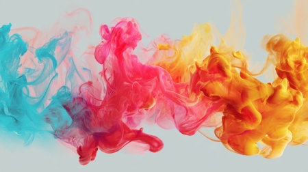 A stunning display of colorful smoke swirls in shades of pink, blue, and orange creates an artistic and vibrant visual effect, contrasting against a soft gray backdrop.の素材