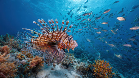 A lionfish displays its striking fins while navigating through a lively school of smaller fish above a colorful coral reef during daylight hours.の素材