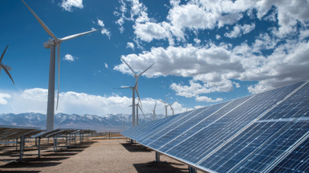 Wind turbines and solar panels are prominently displayed in an expansive renewable energy facility. The location features majestic mountains in the background and a vibrant blue sky.の素材