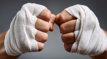 Two hands with bandages on them, one of which is clenched into a fist. Concept of strength and determination, as the person's hands are wrapped in bandages, yet they are still able to make a fistの素材
