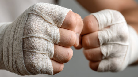 Two hands with bandages on them, one of which is clenched into a fist. Concept of strength and determination, as the person is ready to fight or defend themselvesの素材