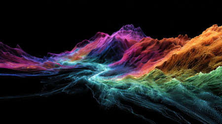 A colorful mountain range with a black background. The mountains are in different colors, and the background is dark. The image has a dreamy and surreal feel to itの素材